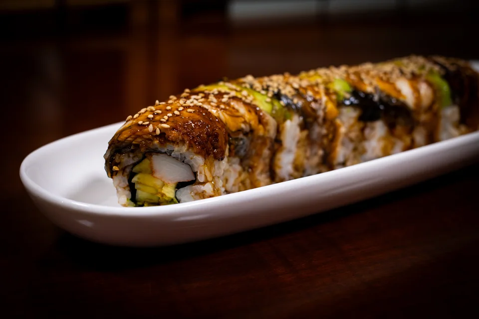 Dragon Roll at Midori Sushi: Crab stick, avocado, cucumber, eel, eel sauce