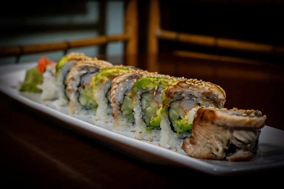Sunset Roll at Midori Sushi: Shrimp tempura, cucumber, crabmeat, cream cheese, eel, avocado, eel sauce